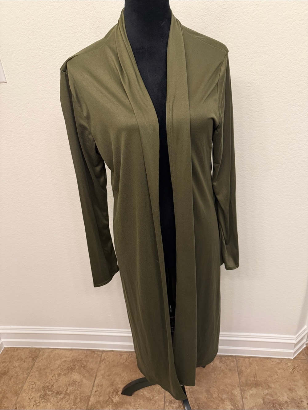 Open-Front Longline Olive Duster Dress with Long Sleeves